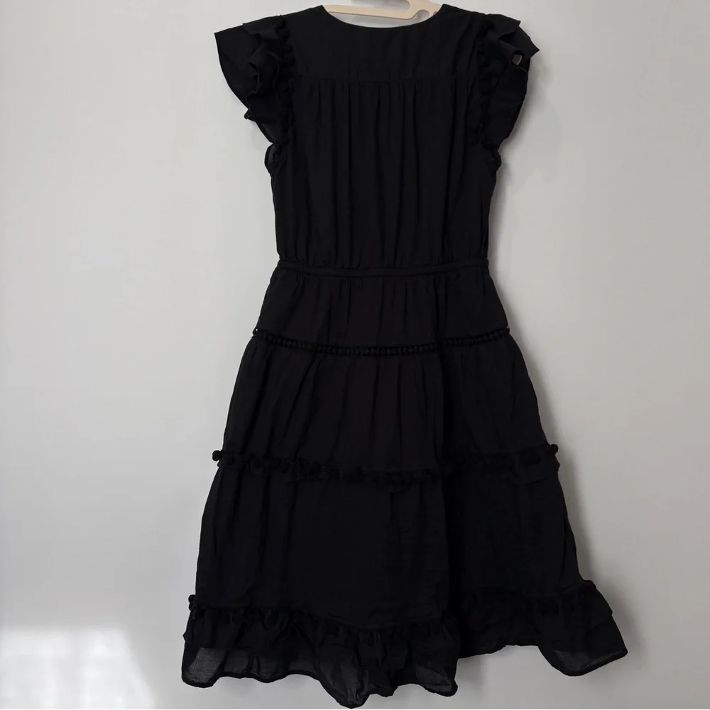 J‎ Crew black pom-pom midi dress cotton voile w flutter sleeves v-neck Size 4